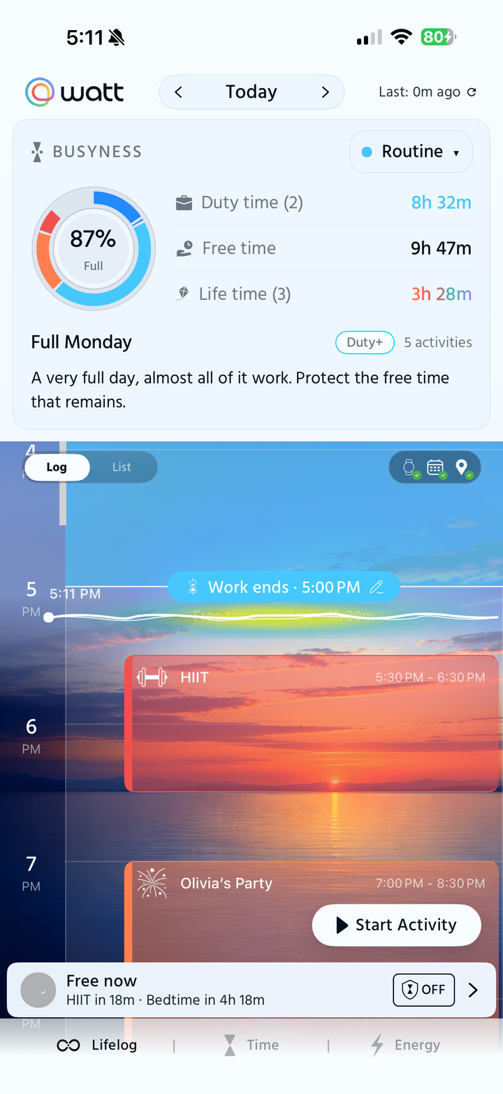 The Watt app: today's Busyness and Lifelog